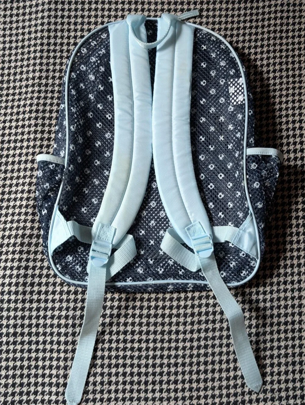 large navy blue, white, & light blue polka dot mesh see-through backpack